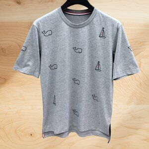 Thom Browne Gray Graphic T-Shirt with Whale and Sailboat Print